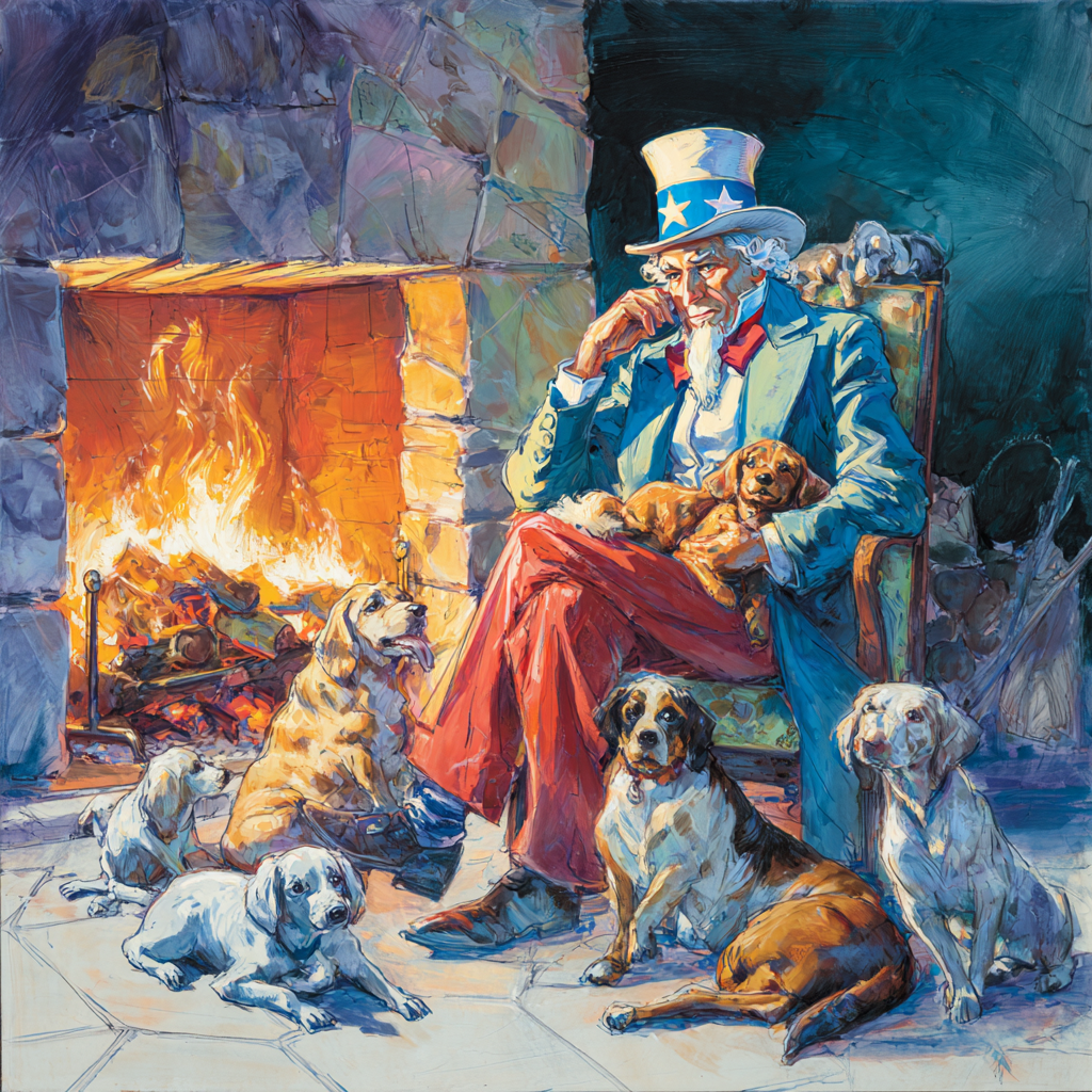 Cozy times - cozy crime: Uncle Sam at the fireplace - (c) Midjourney, prompted by Walther